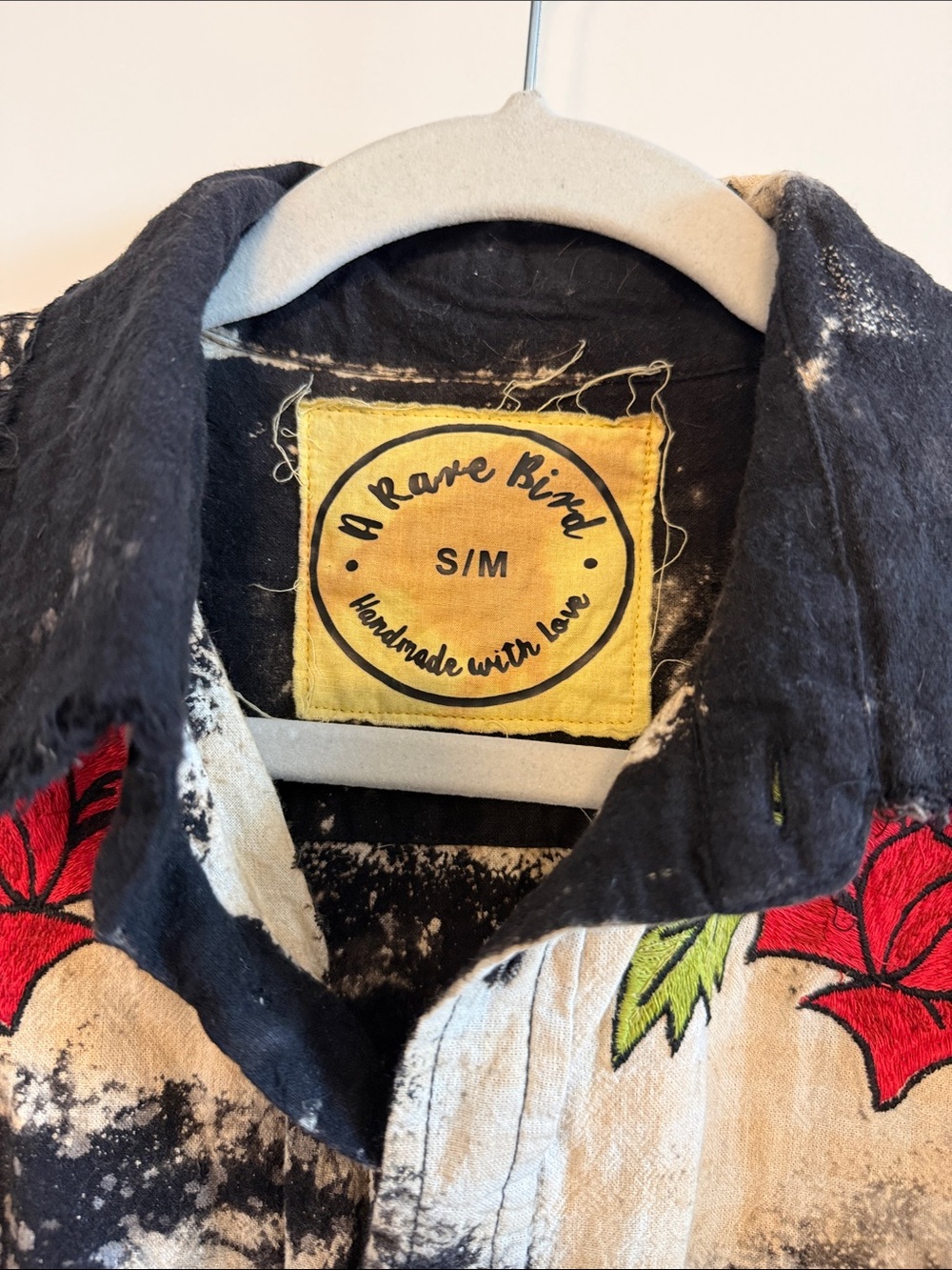 Distressed Black Button-Up Shirt with Red Rose Embroidery - Picture 2 of 8